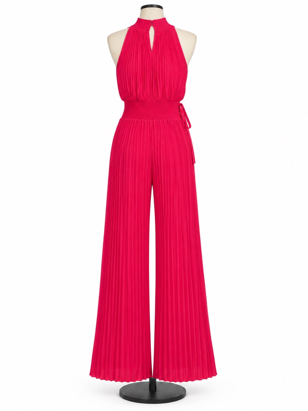 Pleated Halter-Waist Jumpsuit in Bright Pink